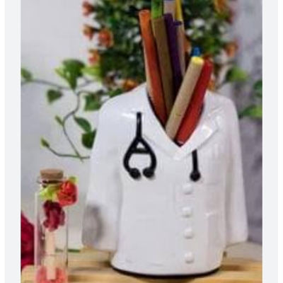 Picture of Doctor Coat Pen stand with Your name at the back. For Doctors, Surgeon, Medico, Dr. and Medical Aspirants. Best gifts for birthdays, graduation special occasion White 