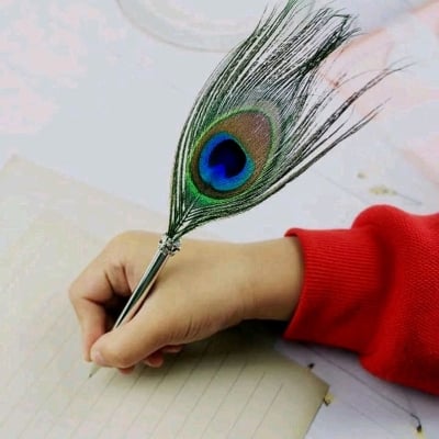 Picture of Peacock Feather Quill Ballpoint Pen 1 Pack Wedding Gifts Stationery School Office Black 