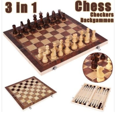 Picture of Folding International wood Chess Set 3-in-1 Chess Set for Party Family Activities 33x33cm Brown 
