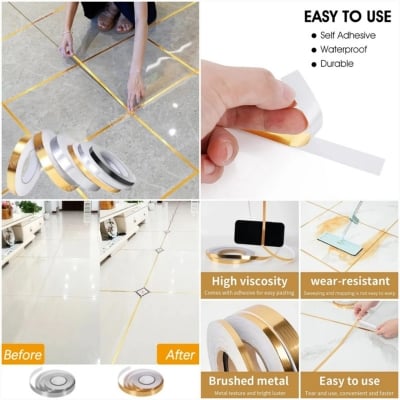 Picture of 1 Pcs Floor Tile Decoration Stickers Waterproof Wall Gap Sealing Tape Strip Floor Tile Beauty Seam Sticker Wall Decoration Gold 