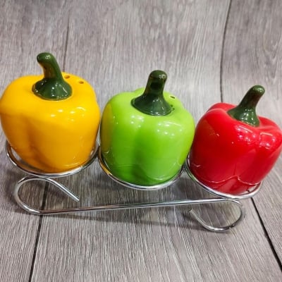 Picture of 3 Capsicum Dinning Table Cruet Set For Salt Pepper and Seasoning Multicolor 