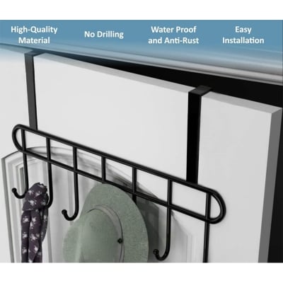 Picture of Over The Door Hook Hanger, Hanging Organizer Rack Steel Door Hook Hanger Wall Hook Rack (7 Hooks) Black 