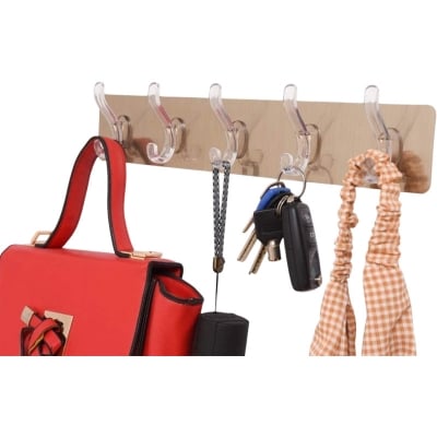 Picture of 1 Pack Self Adhesive No Drills Wall/Rail/Kitchen/Bathroom Strong Sticky Towel Hanger Hook (5 Hooks, 44 x 8cm) Multicolor 