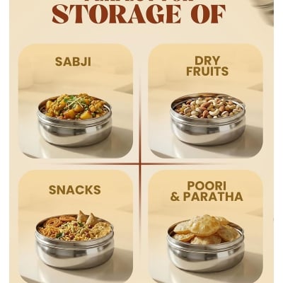 Picture of 4 Steel Bread Container / Steel Box 4 | Round Steel Flat Canisters with Lids | Food Storage Containers for Roti Chapati Dry Fruits | Stackable Multipurpose Silver 