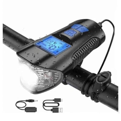 Picture of Waterproof Bicycle Light USB Charging Bike Front Light Flashlight Handlebar Cycling Head Light Speed Meter LCD Screen Black 