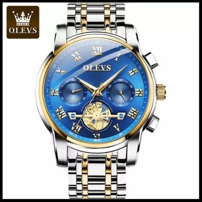 Picture of Olevs Top Brand Silver & Golden Two Tone Stainless Steel Chronograph Wrist Watch For Men - Watch For Men