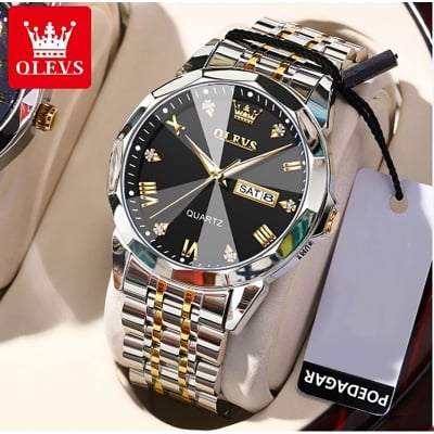 Picture of 9931 New Business Quartz Watch For Men Dual Calendar Luxury Diamond Dial Waterproof Stainless Steel Strap Men Wristwatch - ঘড়ি