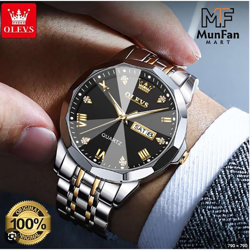 Picture of 9931 New Business Quartz Watch For Men Dual Calendar Luxury Diamond Dial Waterproof Stainless Steel Strap Men Wristwatch - ঘড়ি