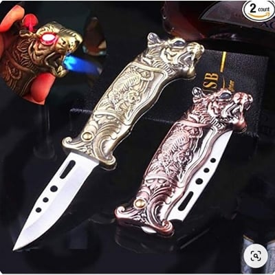 Picture of Windproof Tiger Lighter, Unique Knife Design, Refillable Butane, Multifunctional Fold With Knife, Bottle Opener Metal Ideas, Cool Personality Lighter, Suitable for Holidays, Birthdays, Men's Gifts (C -Gold