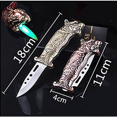 Picture of Windproof Tiger Lighter, Unique Knife Design, Refillable Butane, Multifunctional Fold With Knife, Bottle Opener Metal Ideas, Cool Personality Lighter, Suitable for Holidays, Birthdays, Men's Gifts (C -Gold