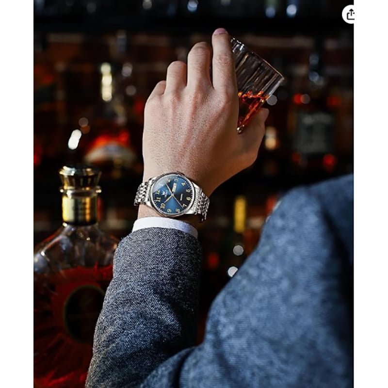 Picture of Inspried bye OLEVS Mens Watch Stainless Steel Analog Quartz Watches for Men Day Date Easy Read Diamond Waterproof Dress Luxury Classic Casual Big Face Blue/Black/Gold/Silver Roman Arabic Numerals Men's Wrist Watch