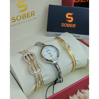 Picture of Women’s Jewelry Gift Set – Flash Plated Gold Half Bangle Diamond Watch, Infinity Pendant Necklace and Swarovski Crystal Bracelet - BUR213YG-S