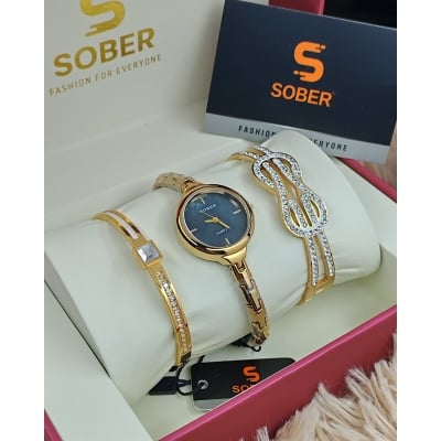 Picture of Women’s Jewelry Gift Set – Flash Plated Gold Half Bangle Diamond Watch, Infinity Pendant Necklace and Swarovski Crystal Bracelet - BUR213YG-S