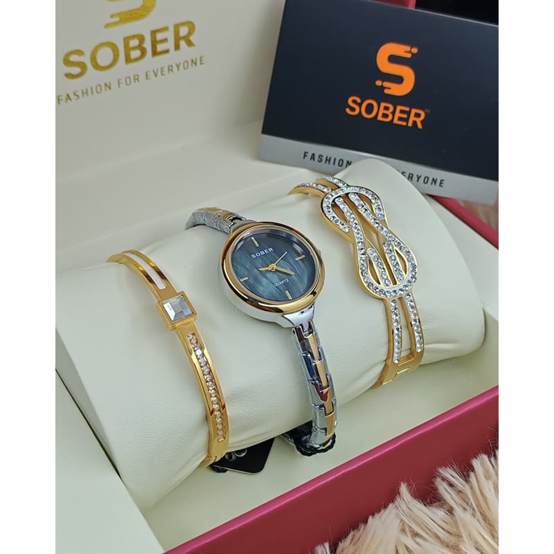 Picture of Women’s Jewelry Gift Set – Flash Plated Gold Half Bangle Diamond Watch, Infinity Pendant Necklace and Swarovski Crystal Bracelet - BUR213YG-S
