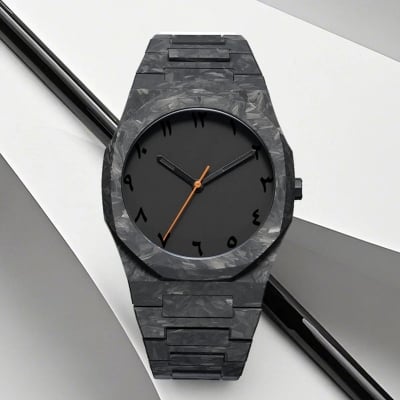 Picture of Black polycarbonate marble design quartz men's watch with classic oriental Arabic numerals and a new trend -Black