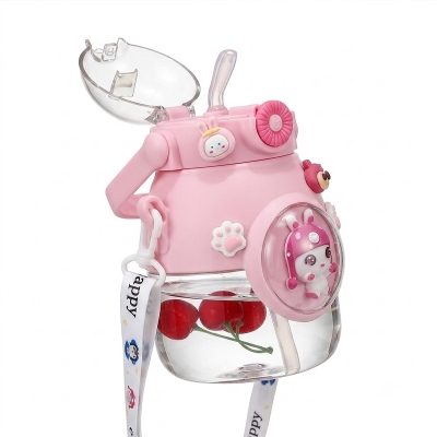 Picture of 3D Cartoon Character Water Bottles for Kids /600ml Leak-Proof BPA-Free Sipper with Strap & Fun Charms - Pink