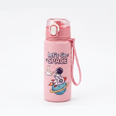 Picture of Baby kids Plastic Space Water Bottle for School Girls & Boys  with Straw & Strap 700m - Pink