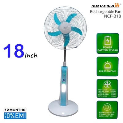 Picture of Novena 18-inch Rechargeable Tower Fan (NCF-318) with 5-speed settings, 28 LED lamp, adjustable height, oscillating design, timer function, and long-lasting battery for up to 33 hours of cooling comfort, White