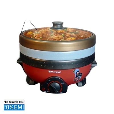 Picture of Miyako MC-580T 3 Pot Multi Cooker with 5L capacity and 1500W power for fast cooking. Features triple non-stick coating, tempered glass lid, removable pot, and multi-function cooking for frying, boiling, and hotpot, Chocolate