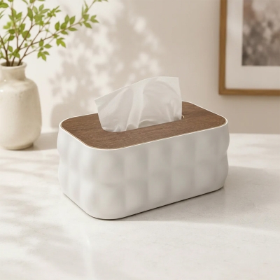 Picture of Sculptural Tissue Box Holder with Wood Lid-White