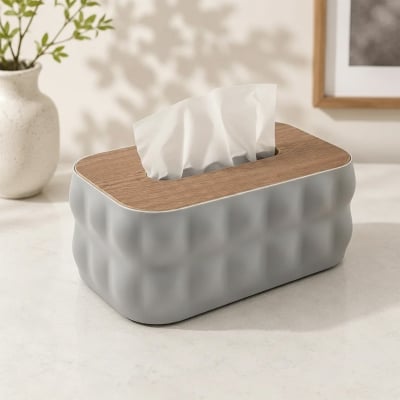 Picture of Sculptural Tissue Box Holder with Wood Lid-White