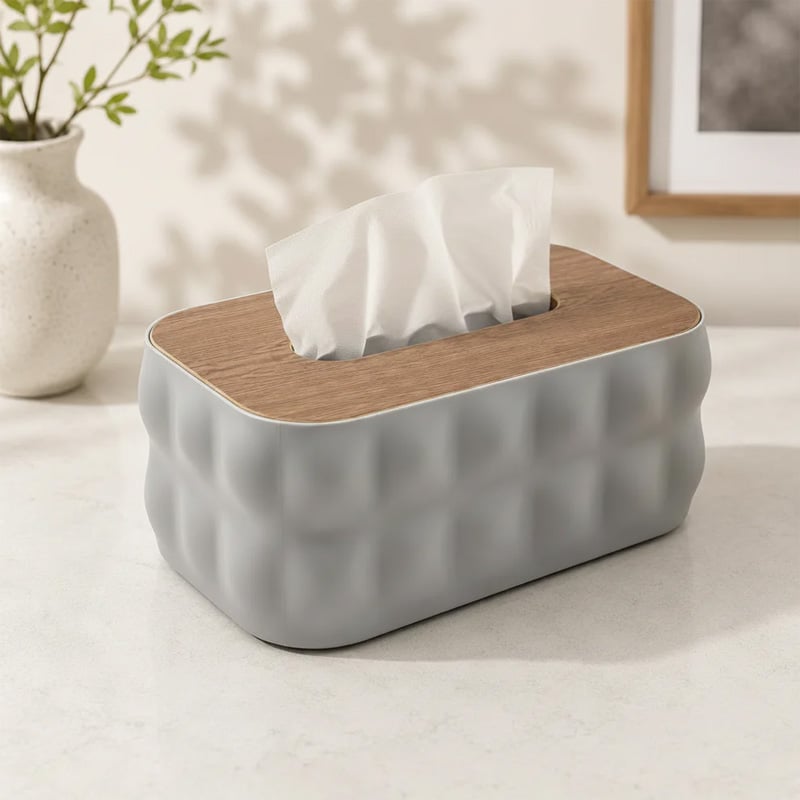 Picture of Sculptural Tissue Box Holder with Wood Lid-Grey
