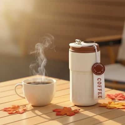 Picture of Smart Temperature Display Coffee Tumbler - Travel Mug with Strap
