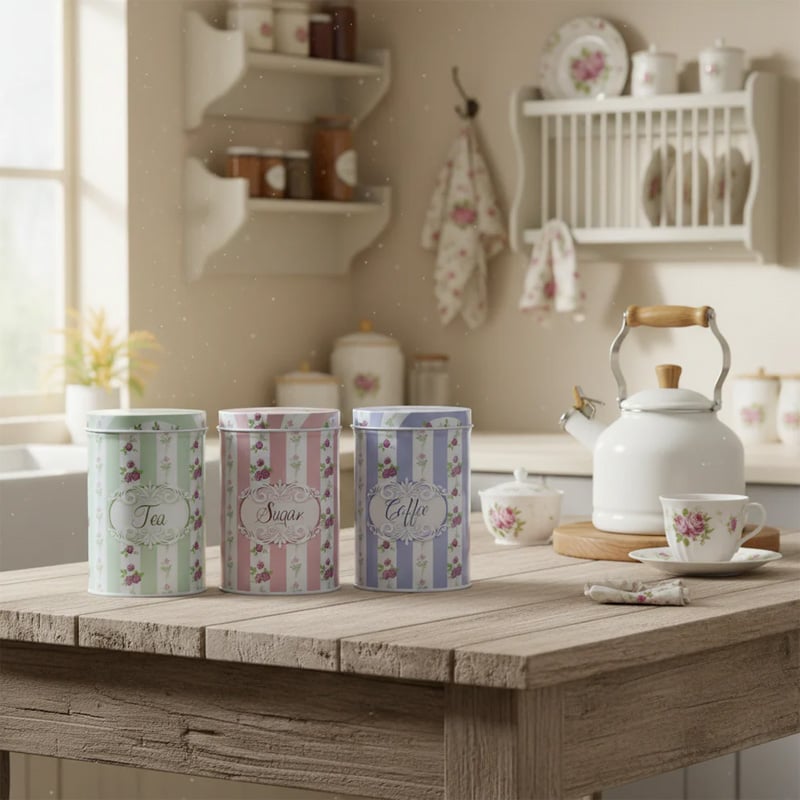 Picture of Vintage Floral Kitchen Canister Set - Sugar, Tea & Coffee