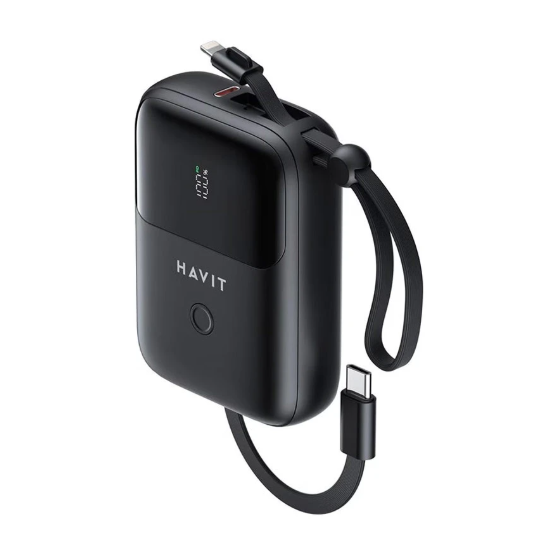 Picture of Havit PB5215 10000mAh Black Power Bank with LED Display, USB-C & Lightning Cable