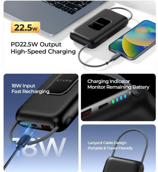 Picture of Havit PB35 20000mAh Black+Gray 22.5W Power Bank with LED Indicator