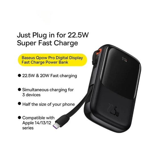 Picture of Baseus PPQD060101 Qpow Pro 10000mAh Black 22.5W Type-C Power Bank with Digital Display