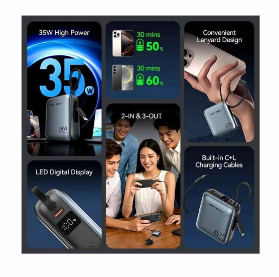 Picture of Vention FHFH0 10000mAh 35W Gray Mini Power Bank with Digital Display