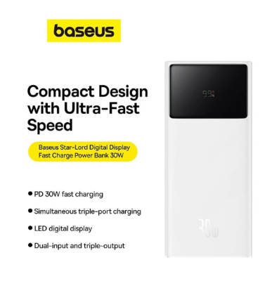 Picture of Baseus Star Lord P10022904213-00 20000mAh White 30W Power Bank with Digital Display & USB-A to Type-C White Cable