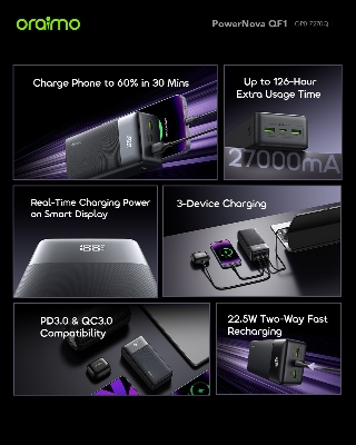 Picture of Oraimo PowerNova QF1 27000mAh 22.5W Black Power Bank with Digital Display