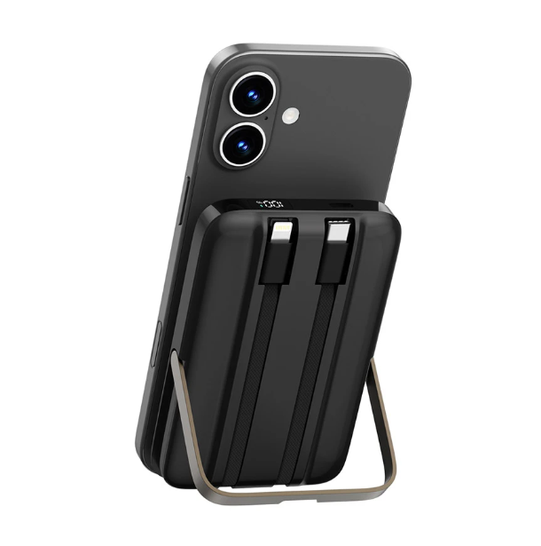 Picture of Wiwu Pioneer Dual Cable 10000mAh Black 20W Magnetic Wireless Charging Power Bank With Stand