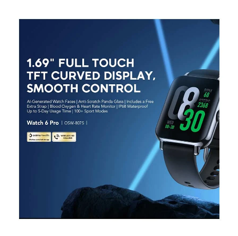 Picture of Oraimo Watch 6 Pro Chrome Black Bluetooth Calling Smart Watch #OSW-807S