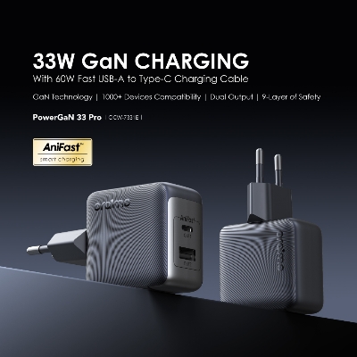 Picture of Oraimo PowerGan 33W fast Charger Pro Dual Output Adapter With Type-C Cable (OCW-7331E+C54)- Black