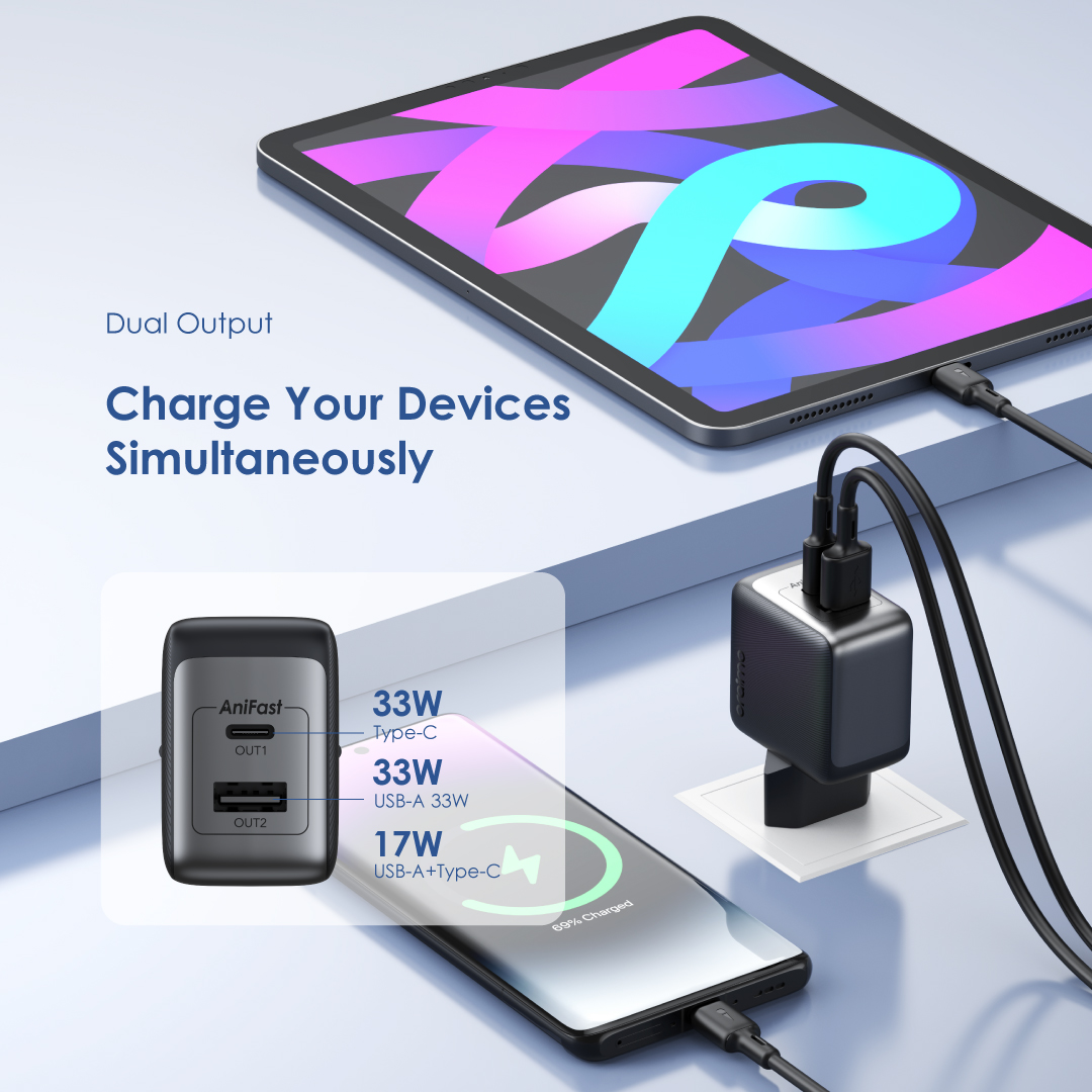 Picture of Oraimo PowerGan 33W fast Charger Pro Dual Output Adapter With Type-C Cable (OCW-7331E+C54)- Black