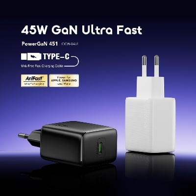 Picture of oraimo PowerGaN 451 45W Gan Ultra Fast Wall Charger   Oraimo CAKT Fast Type-C Charger Adapter EU ( OCW5451ECC )- Black