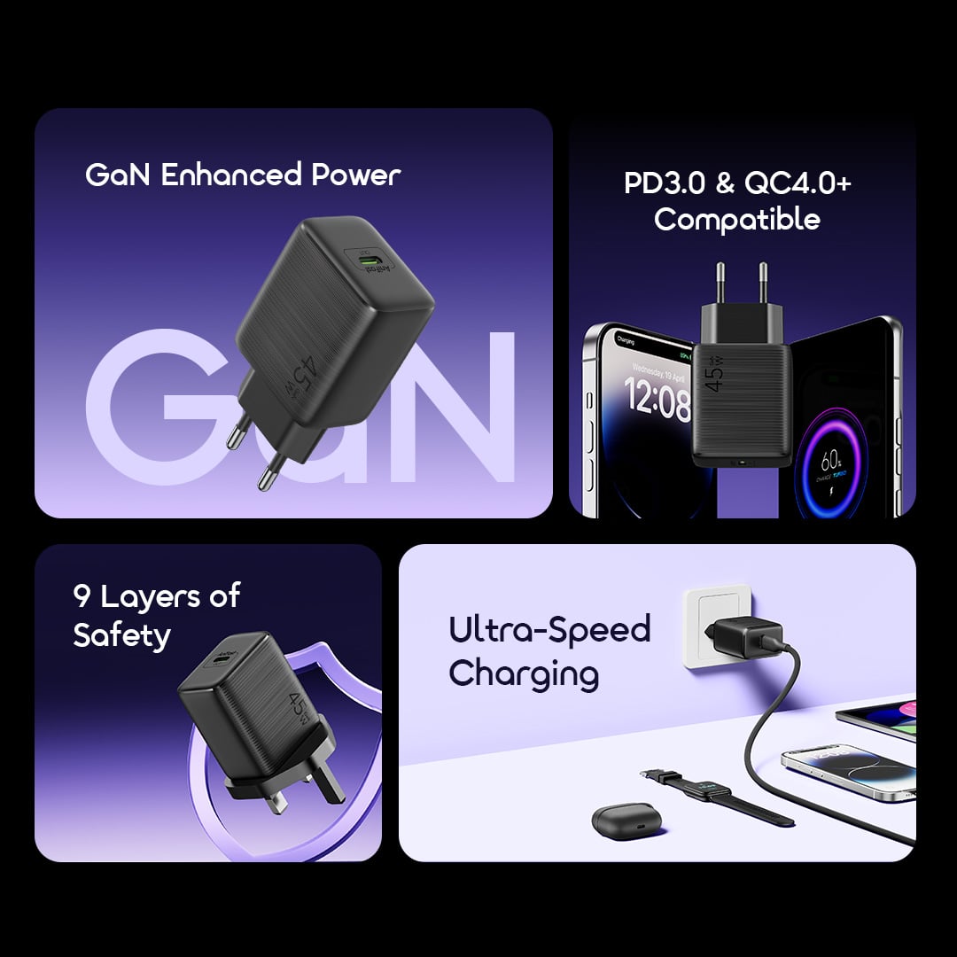 Picture of oraimo PowerGaN 451 45W Gan Ultra Fast Wall Charger   Oraimo CAKT Fast Type-C Charger Adapter EU ( OCW5451ECC )- Black