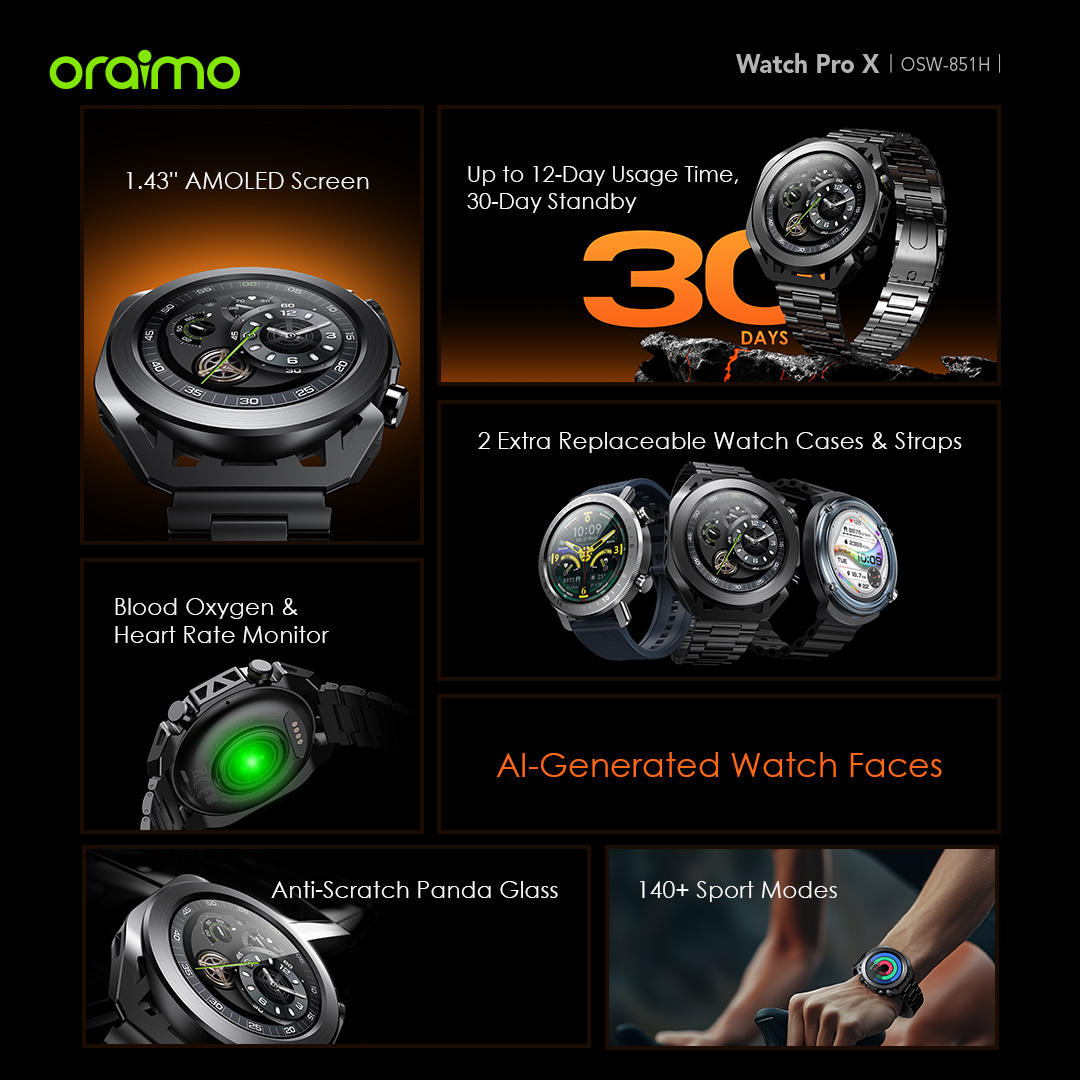 Picture of oraimo Watch Pro X 1.43'' Amoled IP68 Smart Watch with 2 Replaceable Watch Cases & Straps (OSW-851H)
