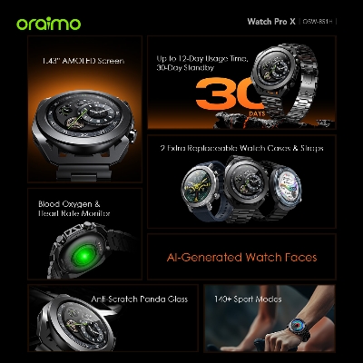 Picture of oraimo Watch Pro X 1.43'' Amoled IP68 Smart Watch with 2 Replaceable Watch Cases & Straps (OSW-851H)