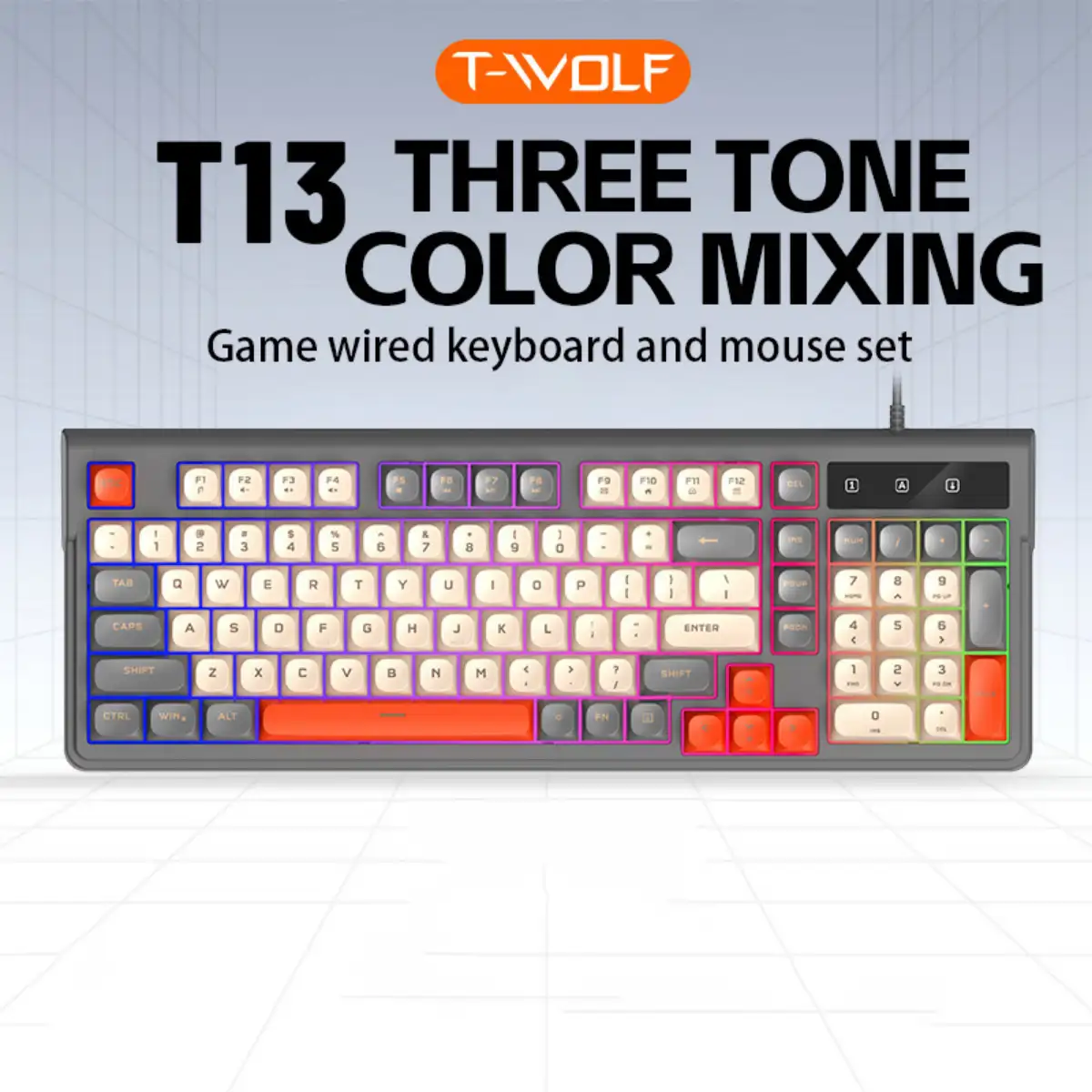 Picture of T-WOLF T13 Wired Gray (Cream+Black+Orange Key) Gaming Keyboard