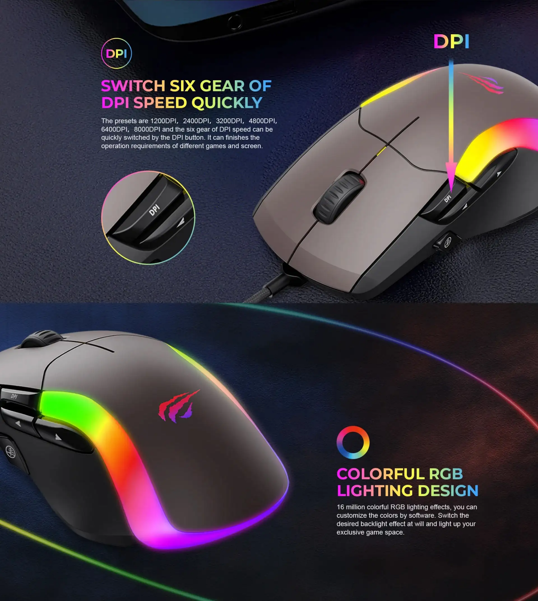 Picture of Havit MS959S RGB Wired Black & Ochre Programmable Gaming Mouse