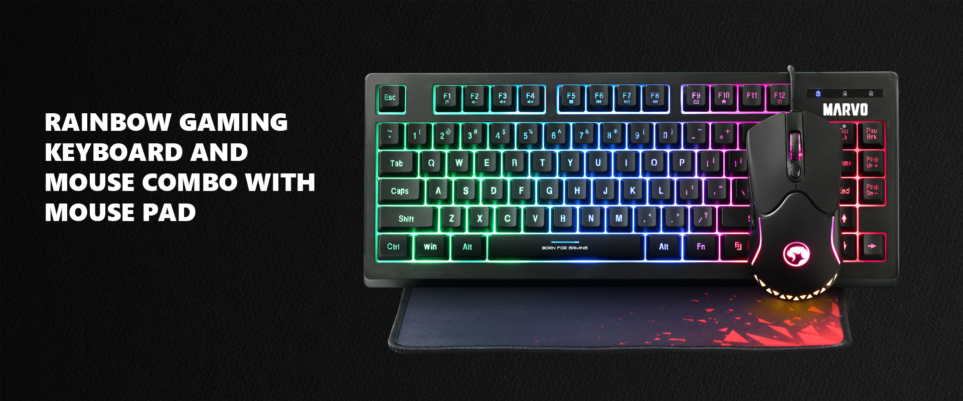 Picture of Marvo CM310 Rainbow Backlit Black USB Wired Gaming Keyboard, Mouse, Mouse Pad Combo