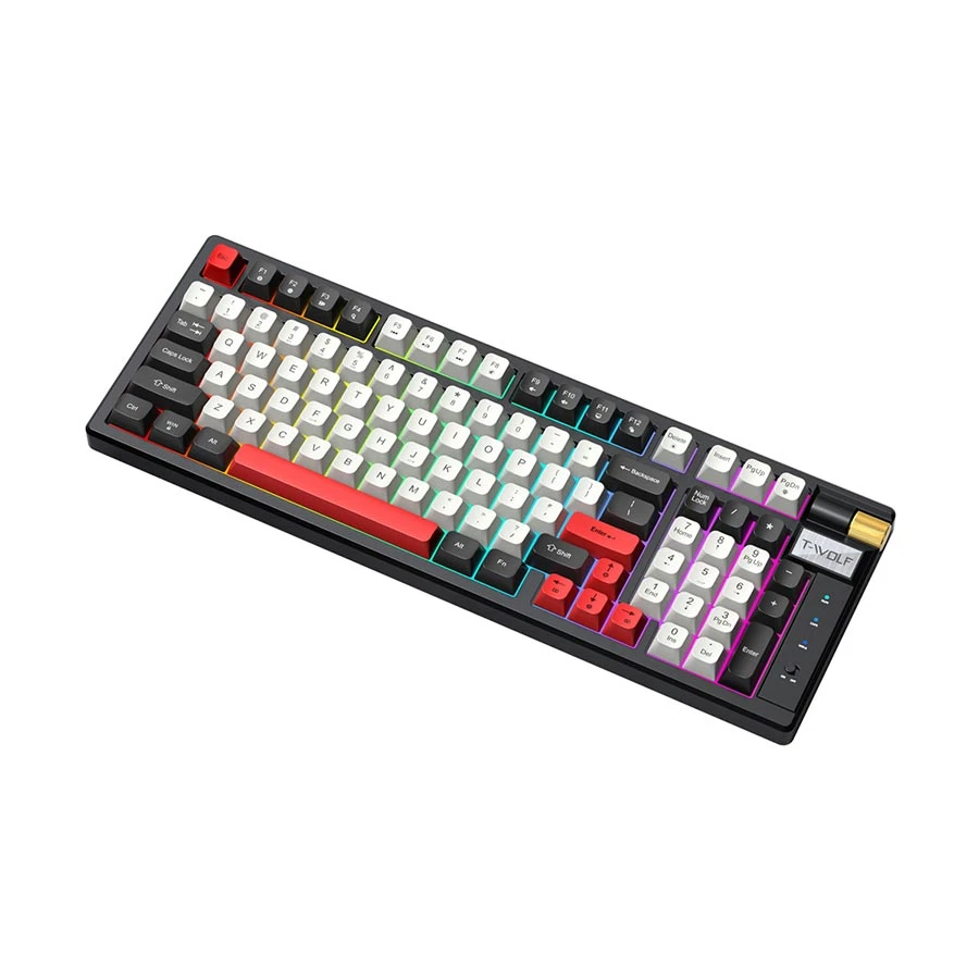 Picture of T-WOLF T70 RGB Tri Mode Hot Swap (Red Switch) Black & White + Red Mechanical Gaming Keyboard