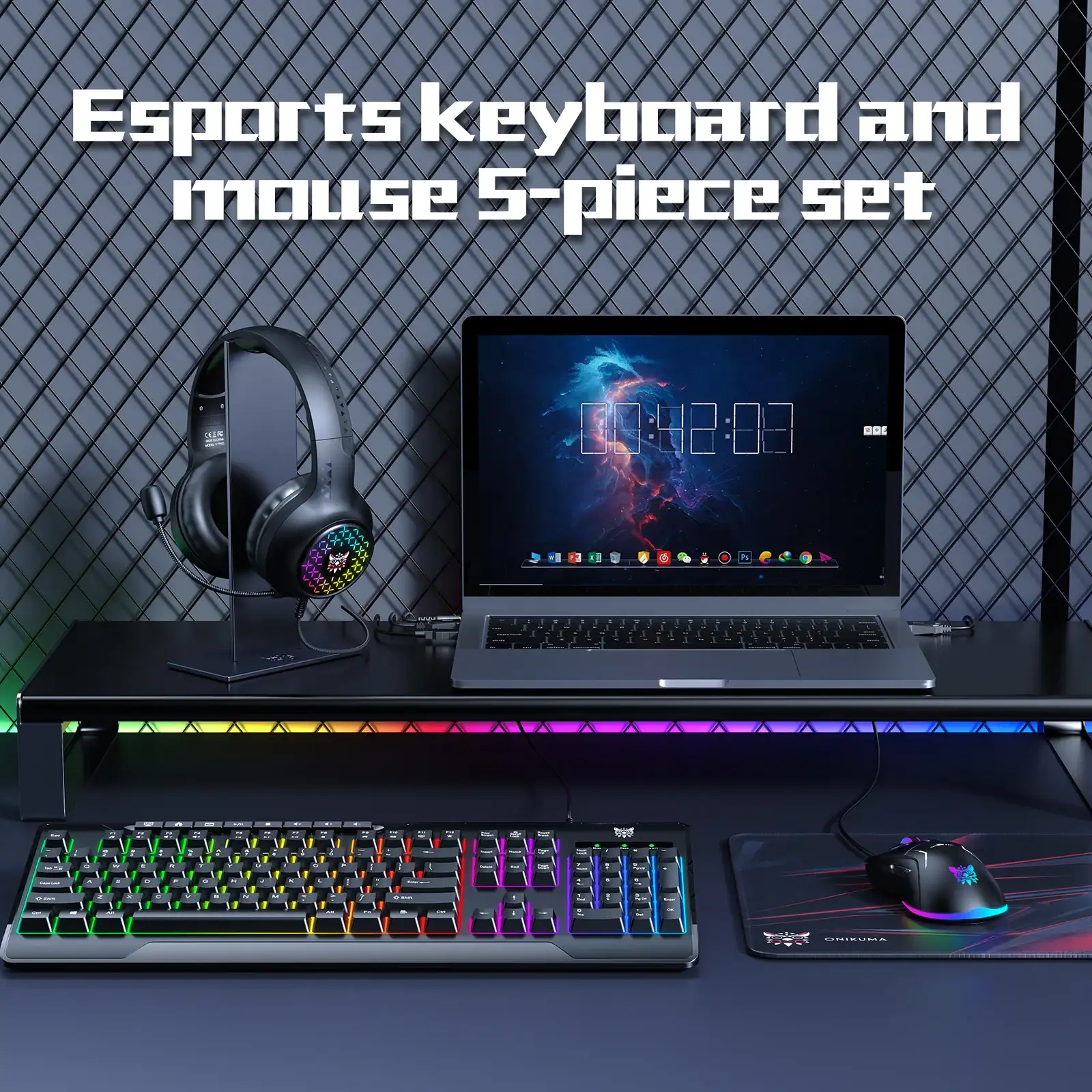 Picture of ONIKUMA TZ5006 Black USB Wired Gaming Keyboard, Mouse, Mouse Pad, Headphone & Headphone Stand Combo