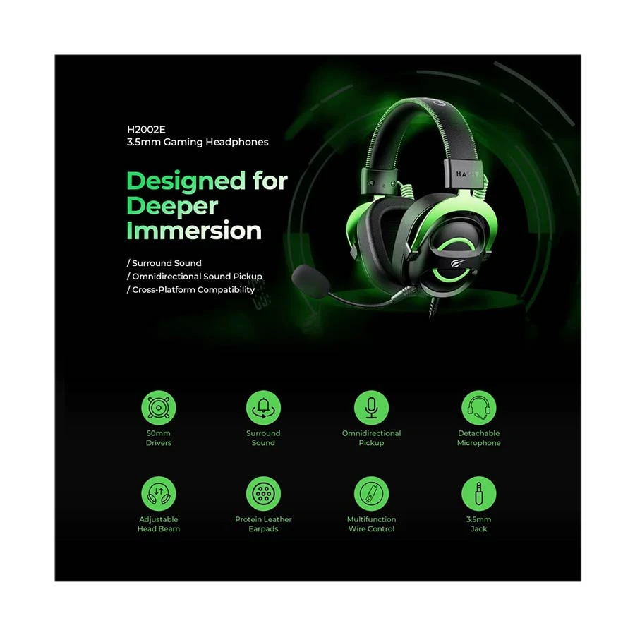 Picture of Havit Gamenote H2002E Wired Black & Green Gaming Headphone