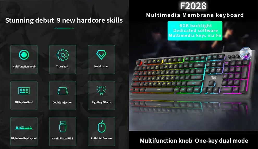 Picture of AULA F2028 (White Switch) Wired Black Membrane Gaming Keyboard