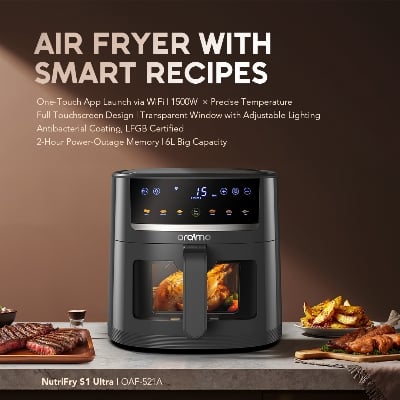 Picture of oraimo Digital Air Fryer 5L (OAF-521A) - Healthy Oil-Free Multi-Cooker - 360° Hot Air Circulation Technology - High Power Oven